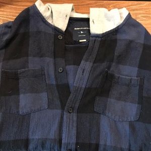 navy and black flannel with grey hood